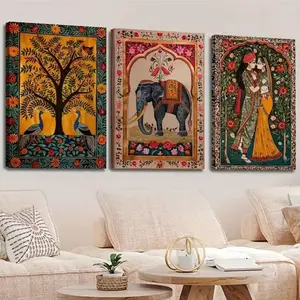 3 Pieces Unframed Retro Traditional Indian Woman Lady In Garden Animal Pattern Wall Poster Canvas Painting Wall Art Picture Home Interior Decor Room Decor Accessories Wall Poster