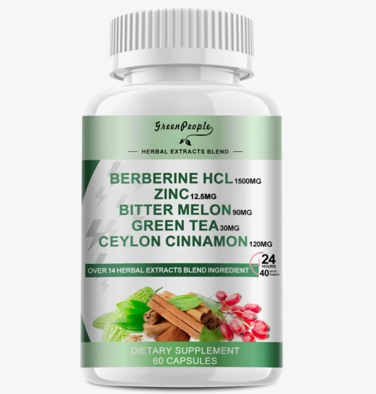 GREENPEOPLE Berberine Supplement with Ceylon Cinnamon - Berberine 1500mg Activates AMPK & GLP-1 Berberine HCL Capsules with Bitter Melon/Artichoke Extracts & Natural Herbs for Immune Support 60 Count
