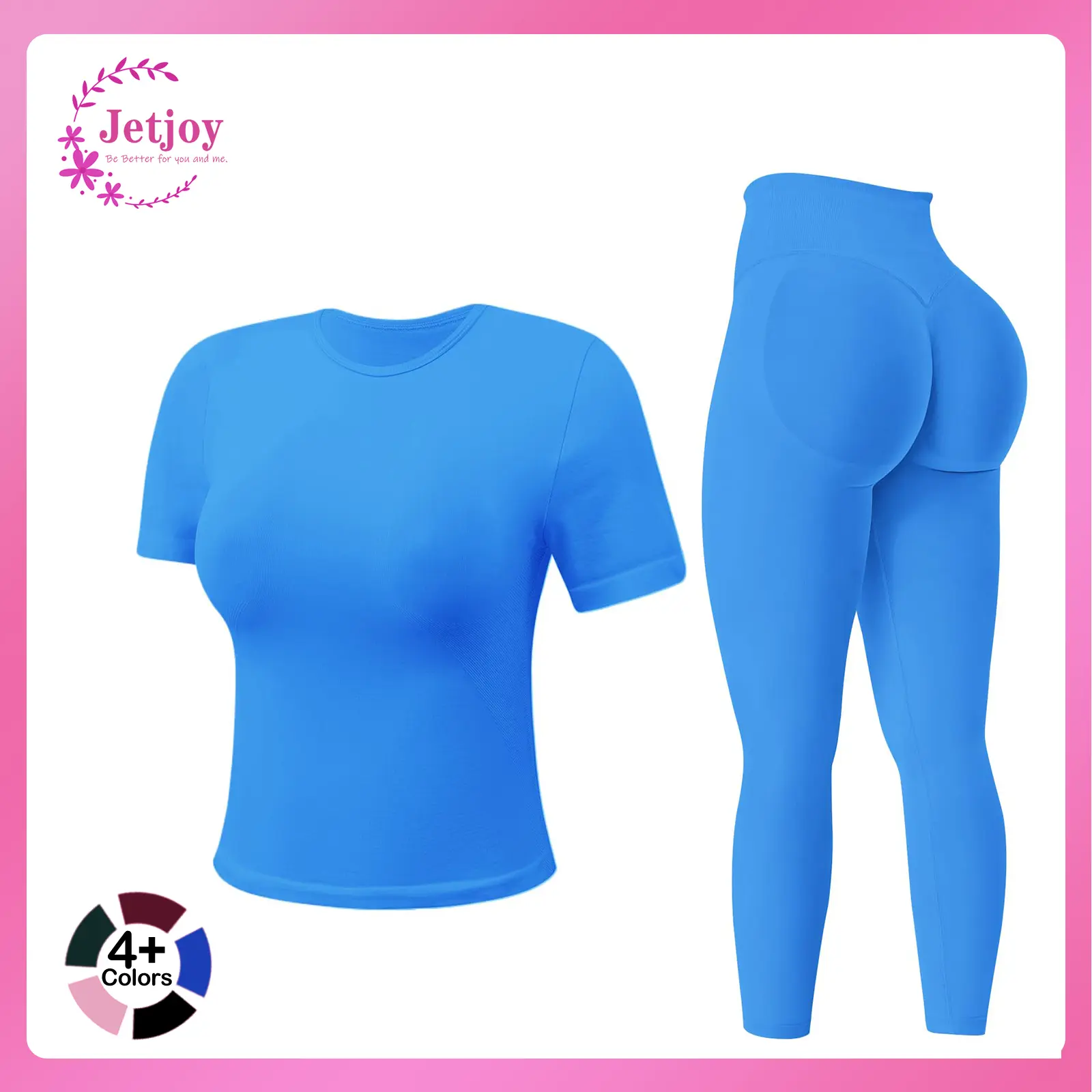 Jetjoy 2 Piece Workout Sets for Women, Gym Sets for Women 2 Piece Short Sleeve Tank Top Hidden Scrunch Leggings Gym Set Yoga Outfits Tracksuit
