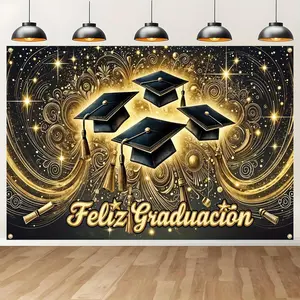 Spanish Graduation Banner - Black & Golden Feliz Graduación Decor with Bachelor Caps & Diploma Design - Durable Polyester Indoor/Outdoor Party Banner for Graduation Ceremonies, Photo Backdrops, S