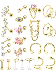 Gentle 27 Pcs Golden Cute Ear Studs Hoops Dazzling 16G Tragus Helix Piercing Surgical Steel Earrings for Women Men Cartilage Earrings CZ Cartilage Piercing Nose Piercing Hoop Conch Daith Septum Tragus Jewelry Set Gems Nose Ring