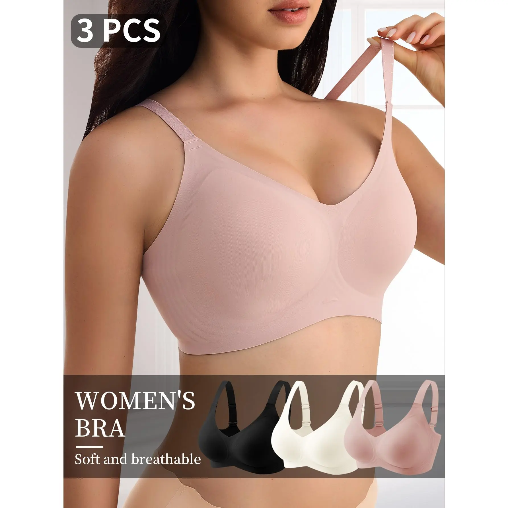 QUASTI Women's 3PCS Wireless Seamless Push-Up Bra and Panty Sets, Plain All-Seasons Skin-Smooth No-Show Comfy Butt-Lifting Breathable Everyday Lingerie, S-XXL