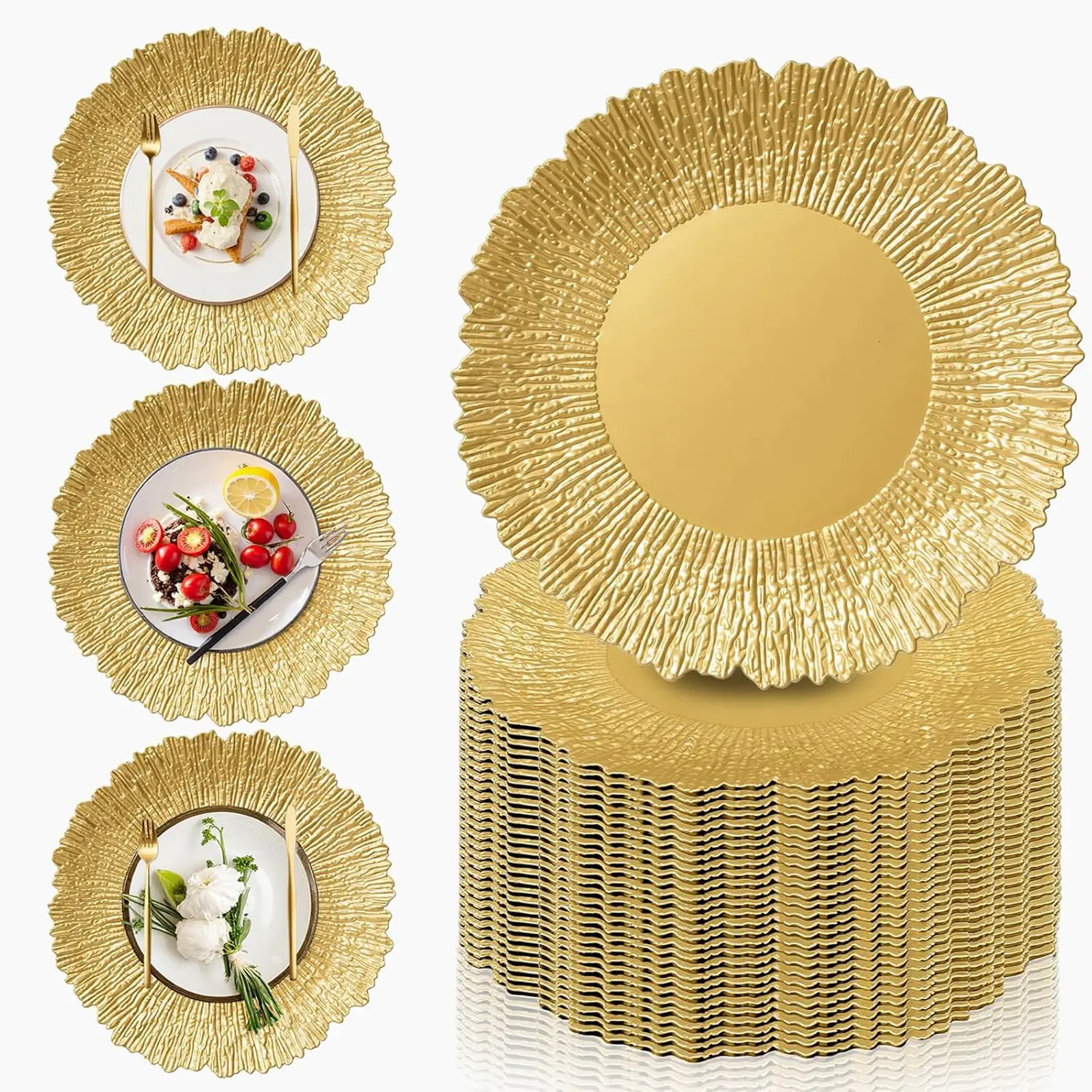 50/100 Pcs Gold Chargers for Dinner Plates, 13" Reusable Reef Serving Gold Chargers, Round Plastic Shiny Decorative Charger Plates for Wedding, Catering, Parties, Restaurant, Home Dinner Use