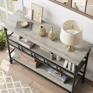 Three Tier Narrow Console Table Forty Three Inch Entryway Table with Storage Industrial Hallway Table Gray