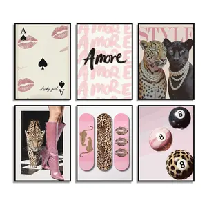 6pcs/set Unframed Pink Leopard Cheetah Animal Canvas Painting Artistic Wall Art Lucky 8 Ball Print Poster Modern Living Room Bedroom Decor