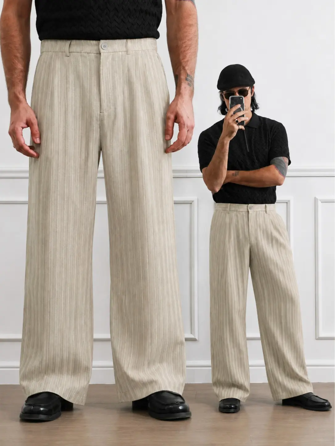 Men’s Pinstripe High-Waisted Pleated Wide-Leg Pants, Loose Straight-Leg Everyday Casual Dress Trousers with Pockets and Zipper Fly, Business Office Slacks for Men