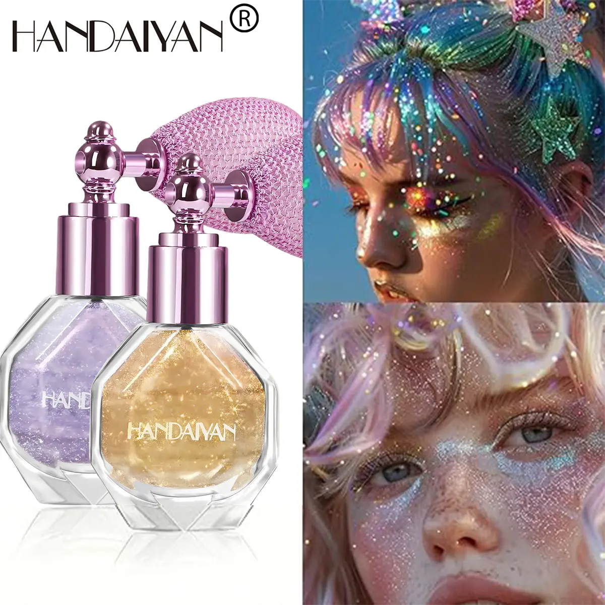 Highlighter Powder Spray, Loose Shimmer Powder High Gloss Makeup Mist for Body, Face, Hair, Long Lasting Glitter Hairspray for Festive Party