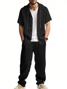 Men's Solid Color Linen Set Hooded Short Sleeve Jacket & Loose Wide Leg Pants, Casual Breathable for Daily Wear & Vacation