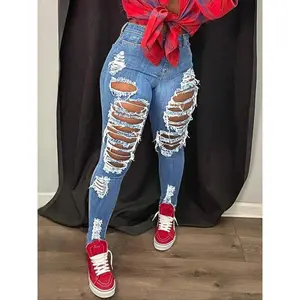 Multifunctional distressed denim jeans, retro skinny jeans, fashionable worn-out denim jeans for everyday wear, women’s fashionable jeans GARMENTARY