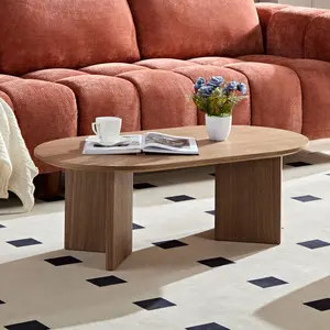 GDFStudio Roland Modern Minimalism 39.4" Wood Oval Coffee Table with Double Pedestal - Compact & Sturdy Design for Living Room or Bedroom