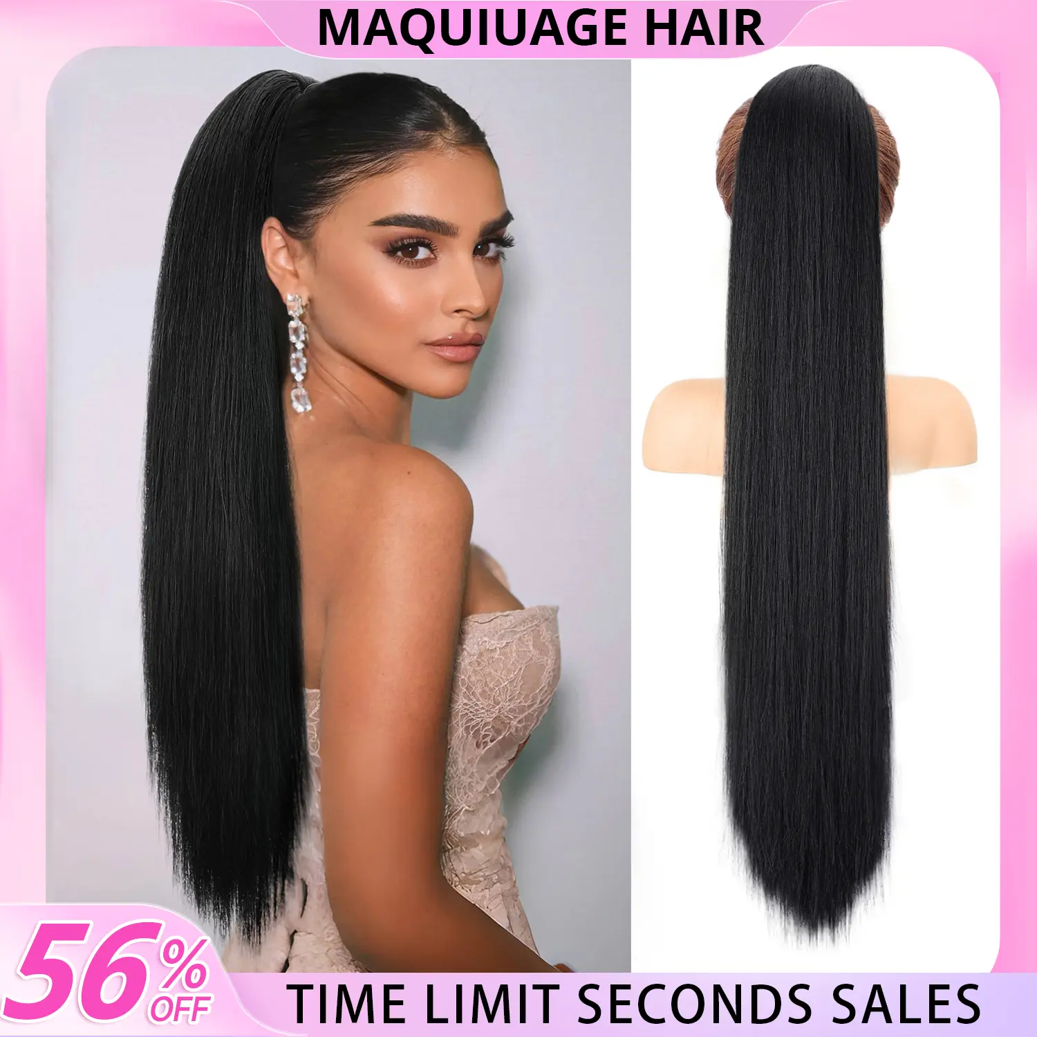 MAQUIUAGE Women's Glueless Clip Hair Extensions - 30in Hand-Woven Heat-Resistant Tangle-Free Synthetic Natural Straight Hairpiece, Ash Brown Mix Blonde/Black Brown Ponytail Hair Clips, Ash Brown Mix Blonde-30Inch