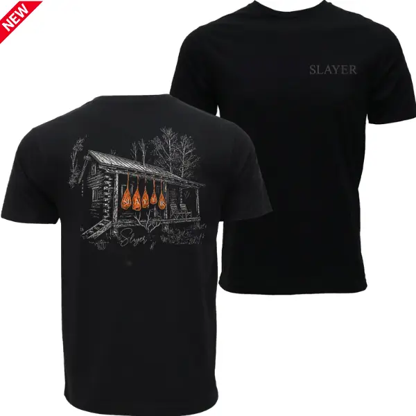 Slayer Hunting Cabin T-Shirt, Rustic Deer Camp Cabin with Hanging Venison and Woodland Landscape Illustration, Outdoor Graphic Tee for Men Women