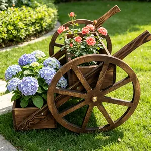 Wooden Wagon Planter Box, 2-Tier Raised Garden Bed w/Wheels & Drainage Hole, Decorative Garden Planter for Flowers Herbs Vegetables, Indoor Outdoor Flower Cart for Patio Garden Balcony