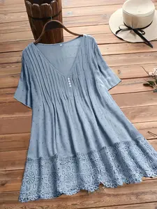 Women's Heart Neckline Shirt, Blouse, Casual Plain Woven Jacquard Short Sleeve Top, Simple Lace Trim Design, Perfect for Daily Wear & Summer, Womenswear