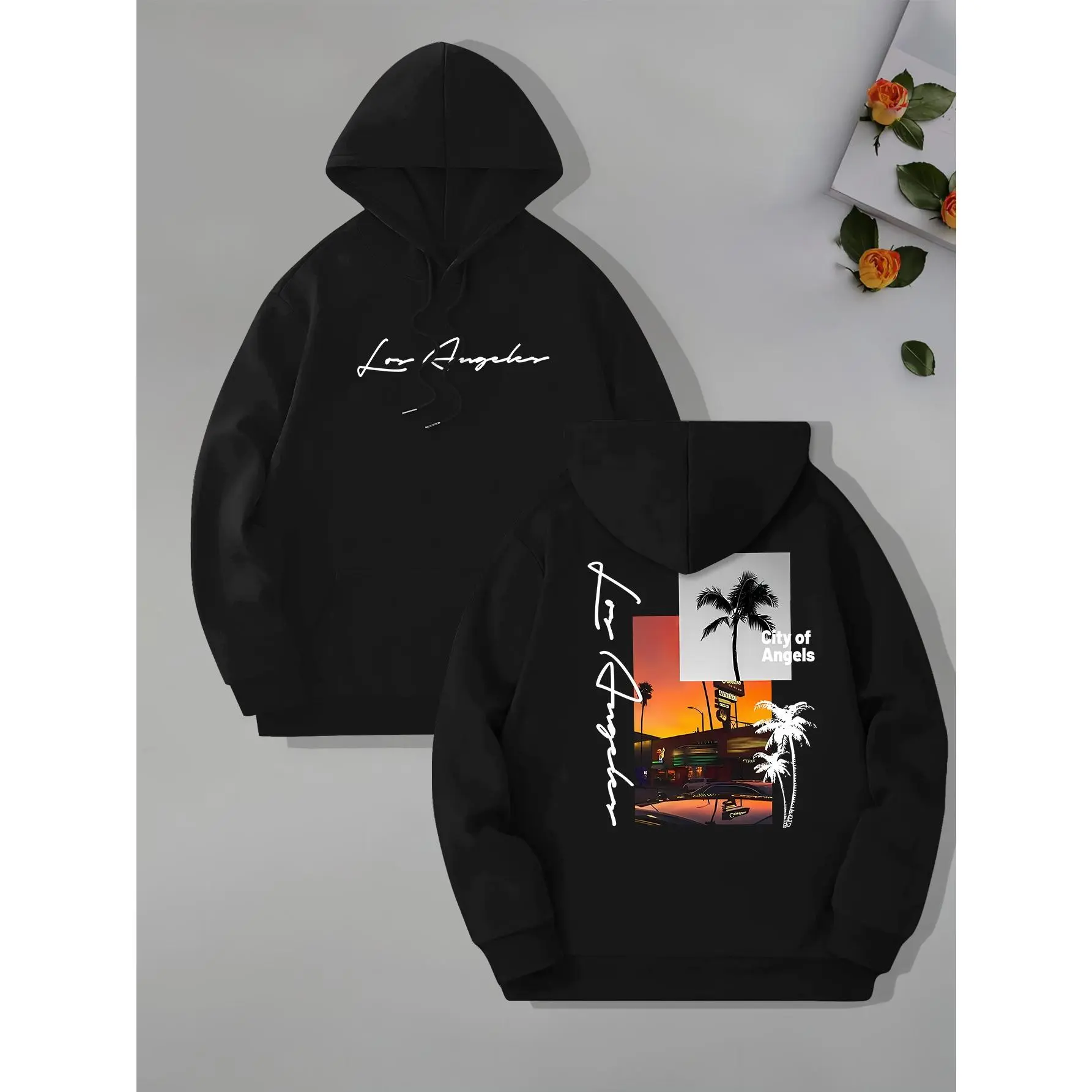 Beach Los Angeles Print Men's Pullover Hoodie, Kangaroo Pocket Long Sleeve Hooded Sweatshirt, Loose Casual Tops, Men's Clothes For Fall Winter Tshirt, Hoodie and Sweatshirt S