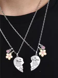 Mother Daughter Heart Pendant Necklace Set, Heart Shaped Necklace, Rhinestone Floral Design, Fashionable Rhinestone Decorated, Stainless Steel, Daily Wear Necklace, Mother's Day Birthday Christmas Gift