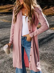 Pink Ribbed Button-Up Split Duster Cardigan