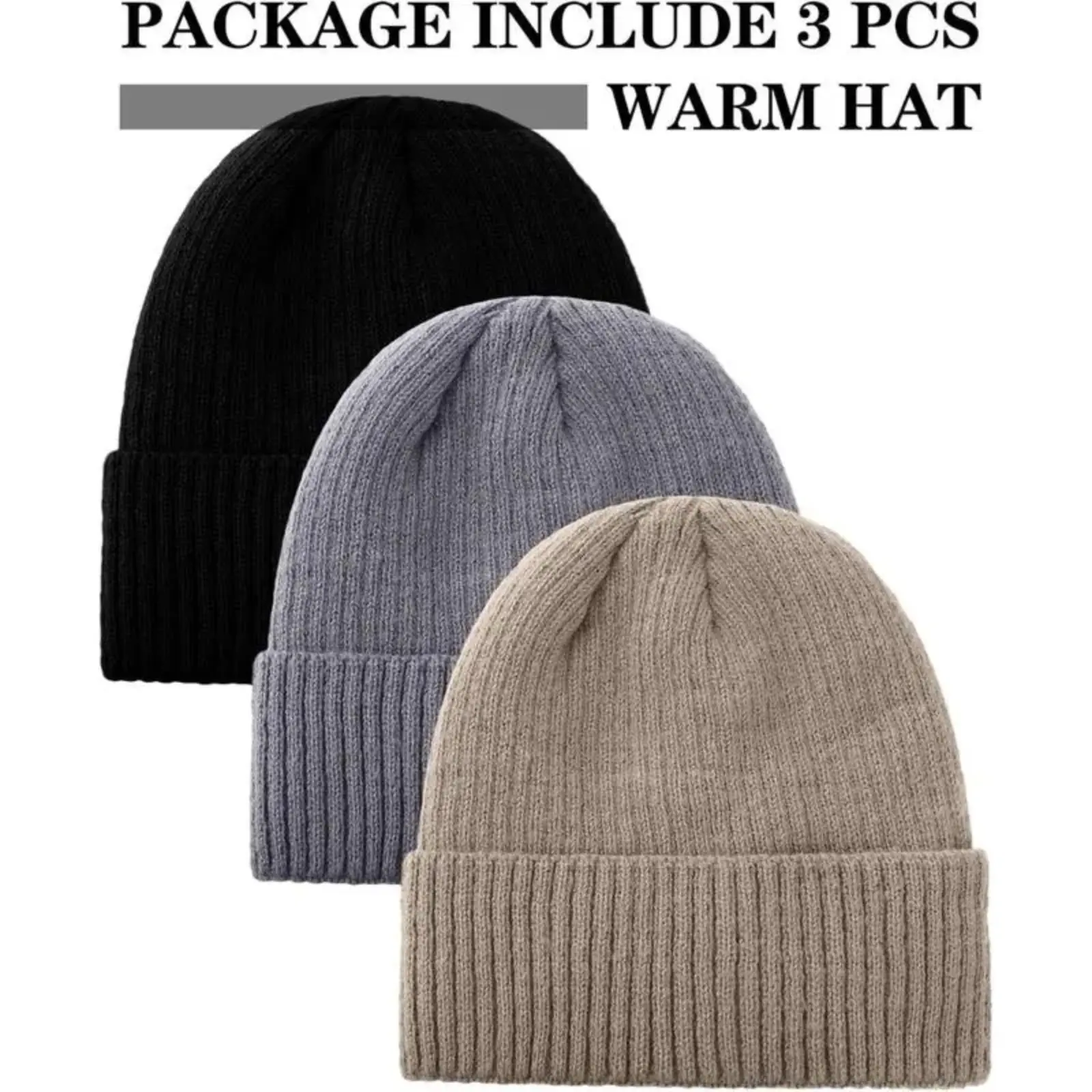 Men's 3-Pack Classic Cuff Thermal Knitted Beanies, Winter Warm Fleece-Lined Cuffed Hats for Cold Weather & Outdoor Sports, Cuffed Beanie
