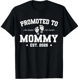 Women's "Promoted to Mom.2025" Pregnancy Announcement T-Shirt Fun New Mom Gift Baby Shower Costume Soft Breathable Black T-Shirt with Footprint & Heartbeat Pattern Regular Fit Short-Sleeved Crew-Neck Casual Top