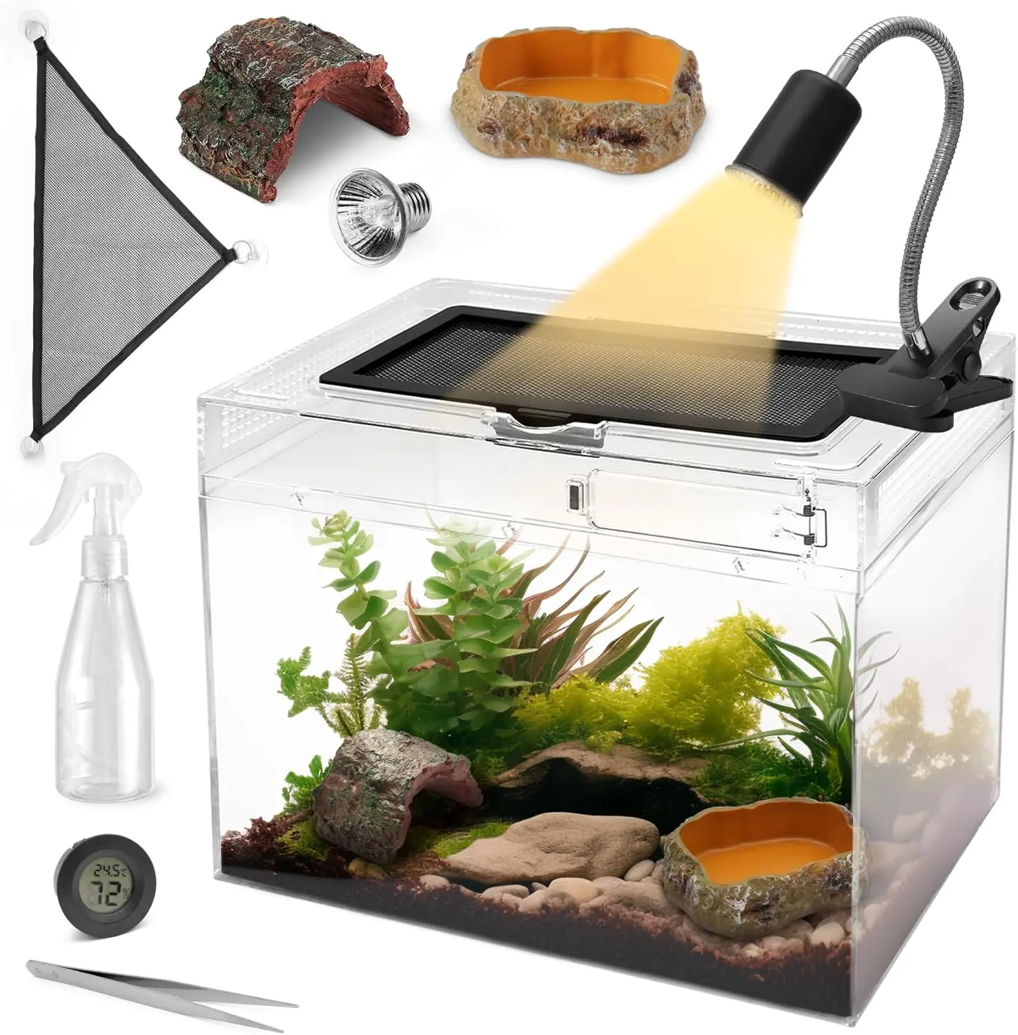 Reptile Terrarium Starter Kit, Piece Small Reptile Tank with Escape-Proof Locks,Mesh Top,Multi-Vent Compatible Habitat,Durable Clear PC,Easy-Clean Waterproof Base for Geckos,Frogs,Spiders Small