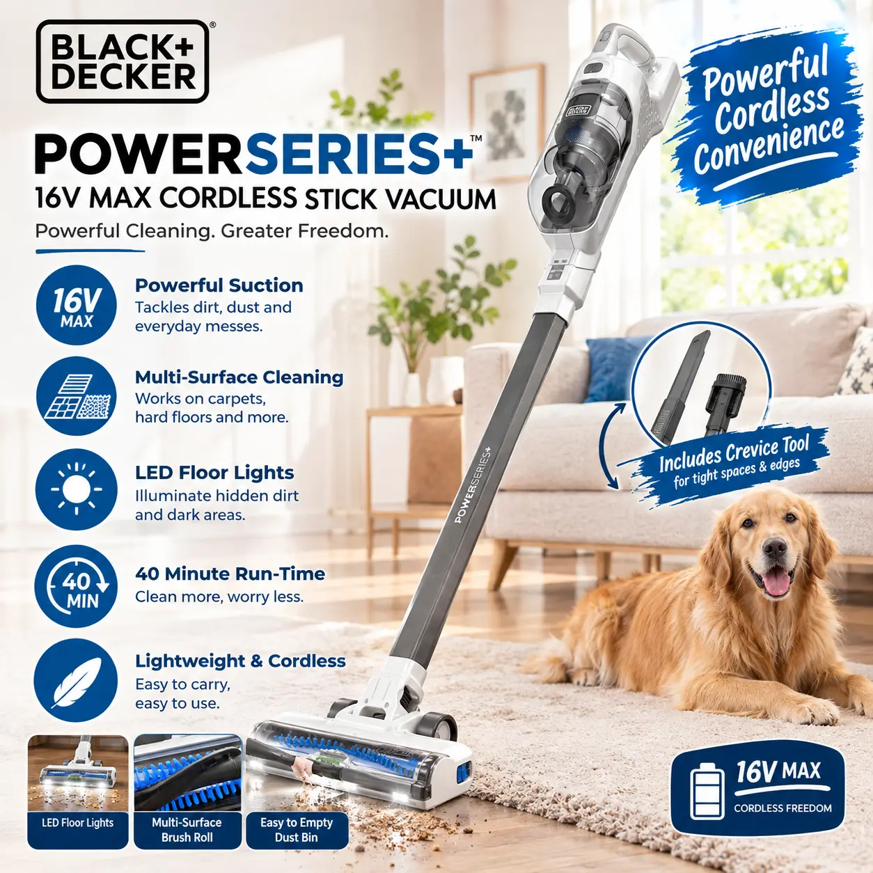 BLACK+DECKER POWERSERIES+ 16V MAX Cordless Stick Vacuum, Multi-Surface, with LED Floor Lights and Crevice Tool, 40 Minute Run-Time, BHFEA420J