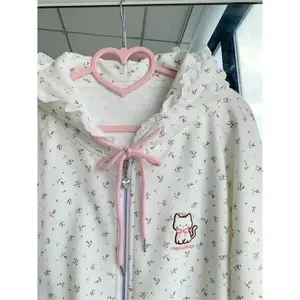 Kawaii Sweet Harajuku Hoodie Women Japanese Fashion Lace Patchwork Floral Print Cat Embroidery Zipper Hooded Sweatshirt Jacket Womenswear Tops Cute Fitted Casual Everyday