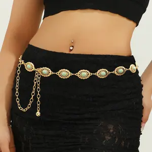 Women Bohemian Style Vintage Emerald Belt with Metal Coating for Dresses Jeans & Onesies Gold Green 43.3 Inches Summer Accessory