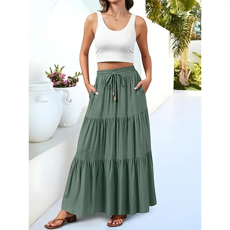 Women Olive Green ALine Maxi Skirt High Waist Side Pockets Flowy Layered Summer Beach Skirt Casual Solid Color Skirts