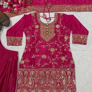 Embroidery sequin work Chinon silk sarara three piece set