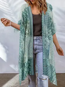 [Plus Size] Ethnic Floral Print Semi-Sheer Split Cover Up, Boho Casual Batwing Sleeve Open Front Outerwear for Spring & Fall, Women's Clothes for Vacation Holiday, Swimwear Coverups, Summer Swimming Cover Ups