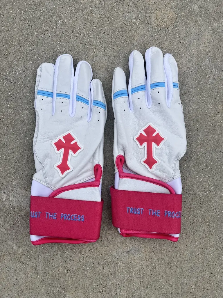 Trust The Process White/Baby Blue/Pink Long Cuff Series Batting Gloves