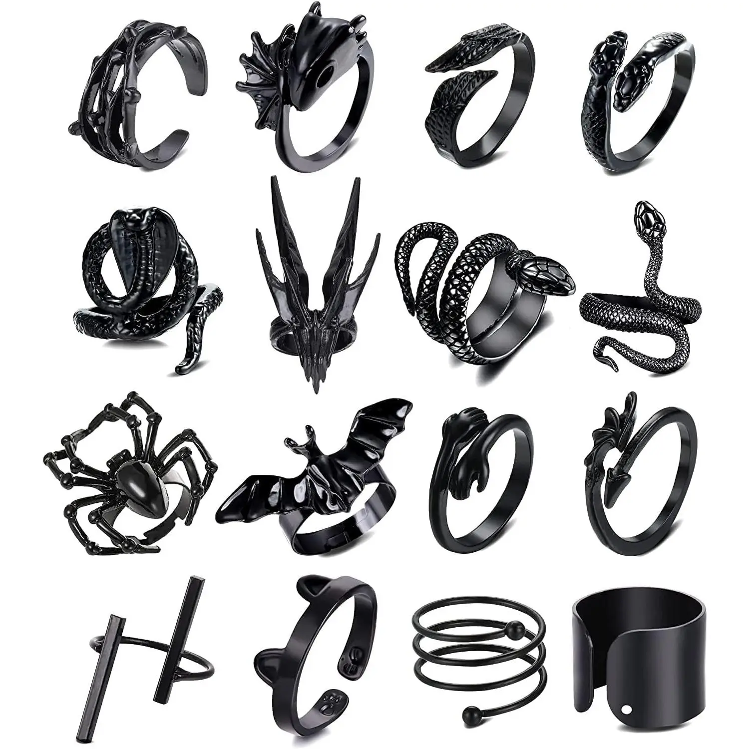 FLORIDECO 16Pcs Unisex Stainless Steel Adjustable Chunky Vintage Punk Knuckle Rings - Open Black Animal Motif Rings (Frog, Bat, Spider, Dragon Wing, Rose, Snake) for Retro Gothic Daily Wear, Knuckle Ring