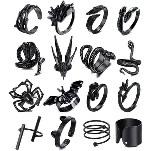 FLORIDECO 16Pcs Y2K Open Black Vintage Punk Rings for Men Women Unique Frog Bat Spider Dragon Wing Rose Snake Chunky Knuckle Adjustable Retro Cool Goth Daily Wear