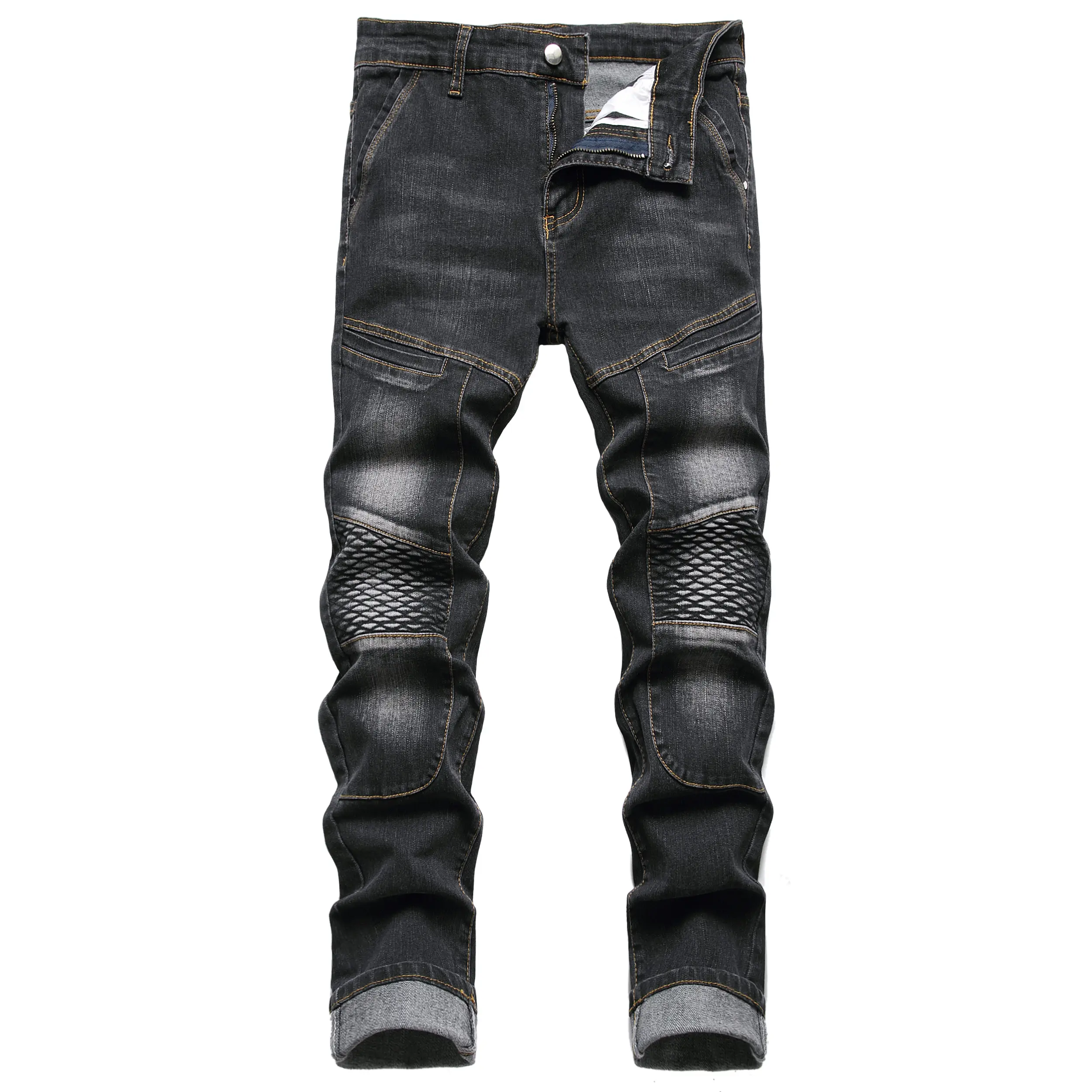 JUNBAOSS Men's Biker Zipper Deco Jeans, Mens Slim Fit Stretch Jeans Ripped Skinny Jeans for Men, Casual Fashion Straight Leg Comfort Flex Waist Cargo Denim Pants, Menswear Trouser Streetwear Jean with Plain Pockets