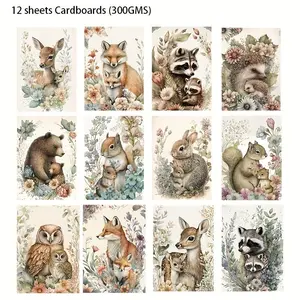 Animal Forest Themed Card & Sticker Set, Fun Stickers, 44pcs/set Deer & Fox Patterns for Themed Party DIY Kits, Greeting Card, Scrapbooking, Paper Craft, Junk Journal