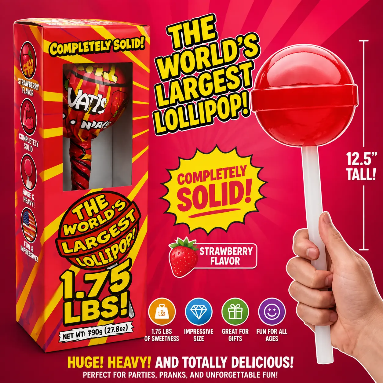 VAT19 World's Largest Solid Strawberry Lollipop 1.75 lb 12.5 Inch Giant Candy Pop