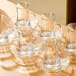 Turkish Tea Glass Set, Transparent Slim Waist Design with Thick Base Prevent Tea From Getting Cold, Easy to Keep for 6 People, 6 Saucers, 6 Glasses, Useful Set