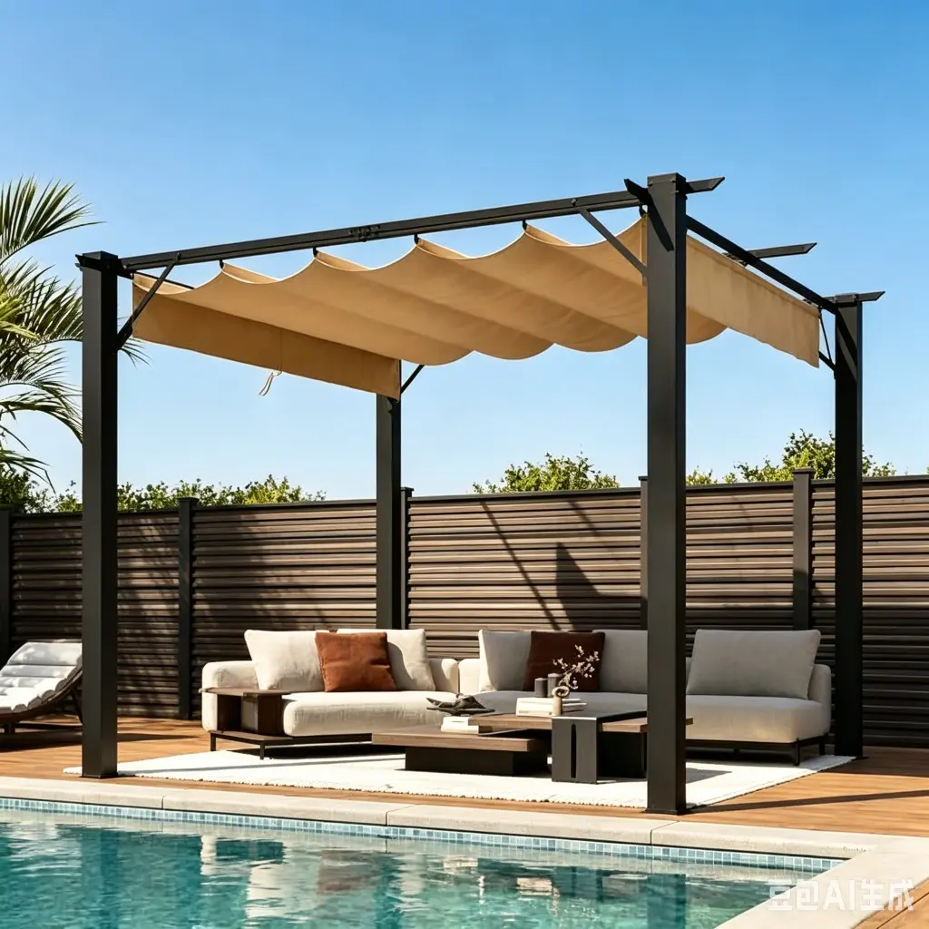 Aoxun 10x10Ft Outdoor Retractable Pergola, Metal Alloy Sturdy Frame with Adjustable Wave Sun Shade Canopy, UV Resistant Patio Shelter for Garden Deck Backyard Poolside, Black