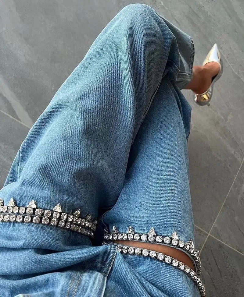 The Nikki Denim Rhinestone Slit Jean