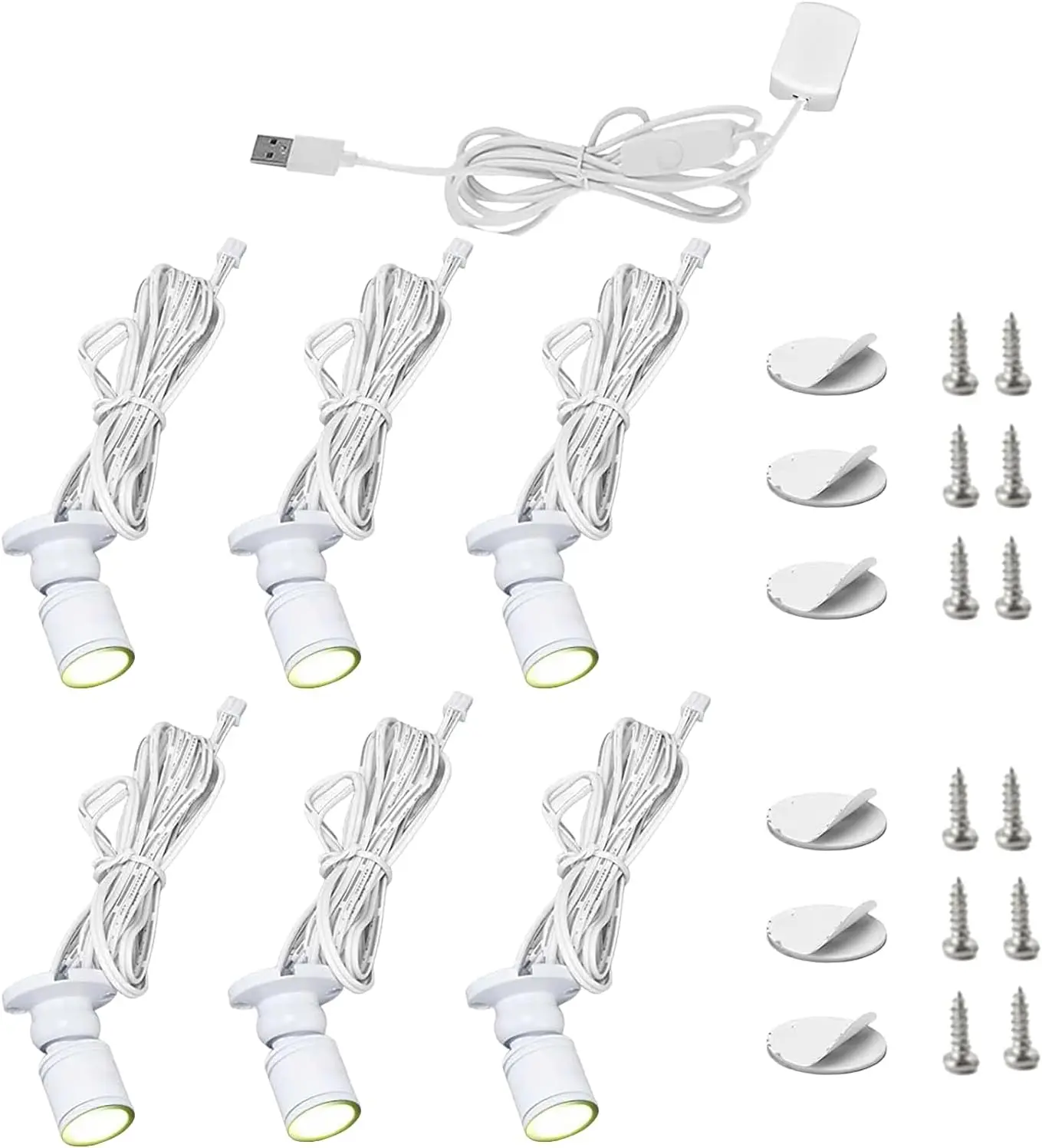 6 PCS Mini LED Spotlight for Display Cabinet, Aluminum USB Showcase Lights with Dimmer, 5V 1W Rotatable Jewelry Display Lighting for Painting Plant Picture (Warm White 3000K, White)