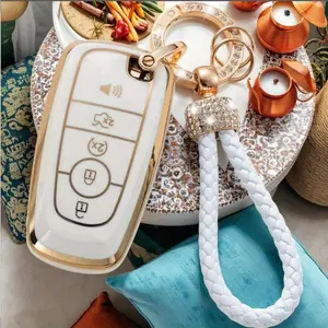 Key Fob Cover for Ford F150 F250 Edge Escape Expedition Explorer Fusion Mustang Ranger Key Case with Keychain Lanyard,  Soft Case Key Holder with Sparkling Rhinestone Charm, Key Fob Protector, Car Key Protector, Car Interior Accessory