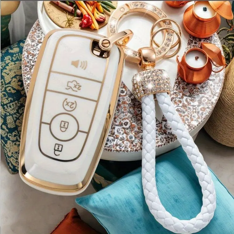 Key Fob Cover for Ford F150 F250 Edge Escape Expedition Explorer Fusion Mustang Ranger Key Case with Keychain Lanyard,  Soft Case Key Holder with Sparkling Rhinestone Charm, Key Fob Protector, Car Key Protector, Car Key Accessories, Car Interior Accessory