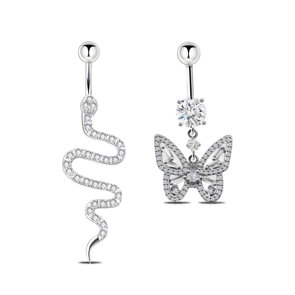 HERVAY 14G/10MM Snake Design Belly Ring Stainless Steel with Butterfly & Crystal Accents for Women Men Fashionable Punk Piercings