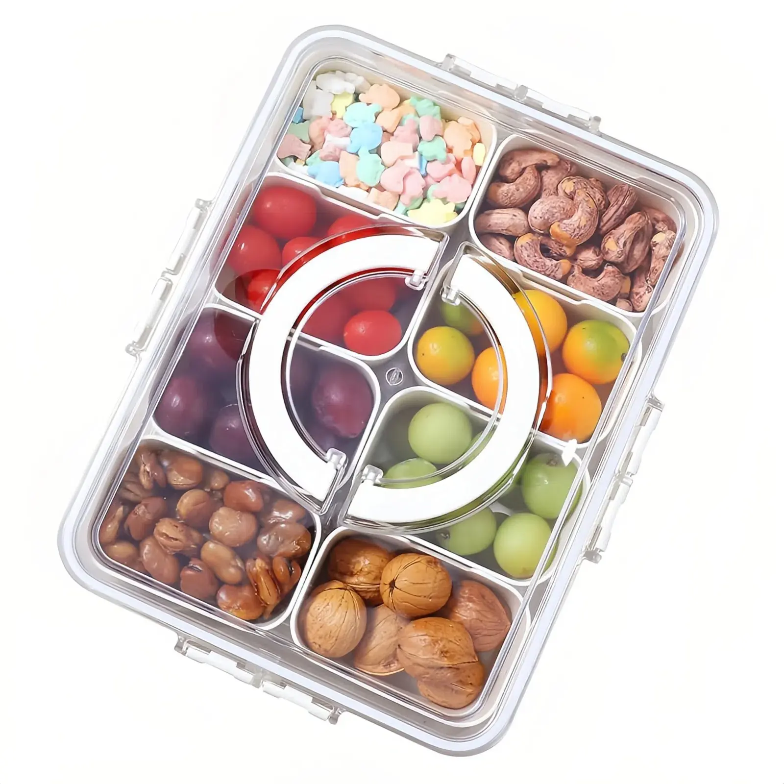 Portable Lightweight Divided Snack Serving Tray with Lid & Handle - Travel-Friendly Snack Container, Snackle Box for Charcuterie, Candy, Fruits, Nuts & Snacks, Containers with Lids