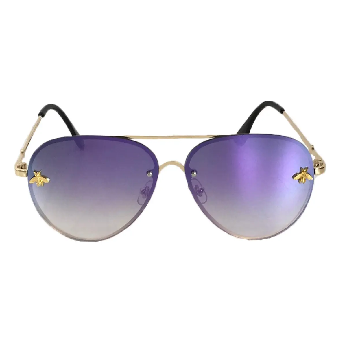 Fashion Culture Women's Metal Frame Aviator Sunglasses - Metal Bee Charm, Mirrored Glass Lenses, UV400 Shield, Lavender Ombre Tint