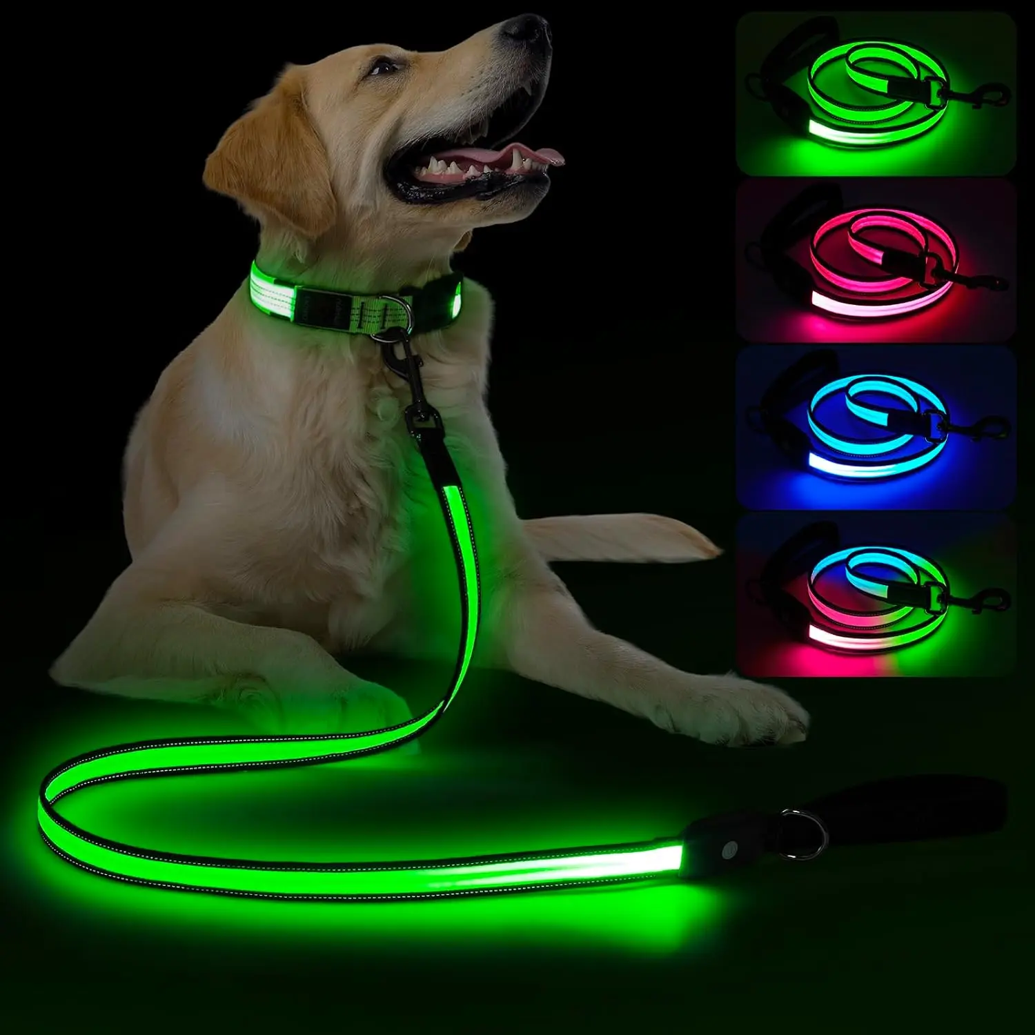 LED Dog Lead - Ultra Bright, Waterproof, Multiple Lighting Modes, Glow in the Dark, Reflective, Type-C Rechargeable, Battery Indicator, Carabiner Clip for Night Walking Safety, Small to Large Pets, Leads