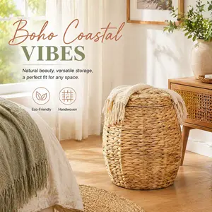 Boho Laundry Hamper, Handwoven Wicker Storage Ottoman with Lid, Multipurpose Stool & Storage Basket