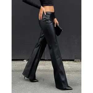 Vintage Punk Style Faux Leather Flare Pants for Women, Slim Fit Long Leggings, Casual Drawstring Waist, All Seasons Fashion