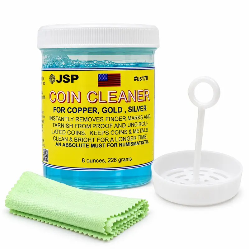 JSP 8oz Scent-Free Liquid Coin Cleaner Jar - Unscented Cleaning Product for Jewelry Coins and Bars (Silver, Gold, Copper), Removes Tarnish & Finger Marks, Delivers Long-Lasting Shine, Home Household Cleaner