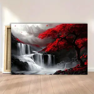 A Wooden Frame Painting, Red Trees and Waterfall, Black, White, and Red Color Scheme, Fantasy Style, 11.8inch x 15.7inch cm, Suitable for Living Room Home Wall Decoration, Perfect for Christmas, Halloween, Birthdays, Graduation, and Back to School